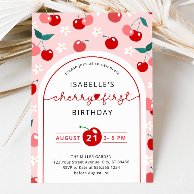 Cherry First Birthday 1 Birthday Inbjudningar (Cherry First Birthday 1st Birthday Invitation)