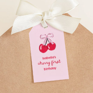 Cherry First Birthday Coquette Bow Favor Presentetikett
