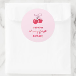 Cherry First Birthday Coquette Bow Favor Runt Klistermärke