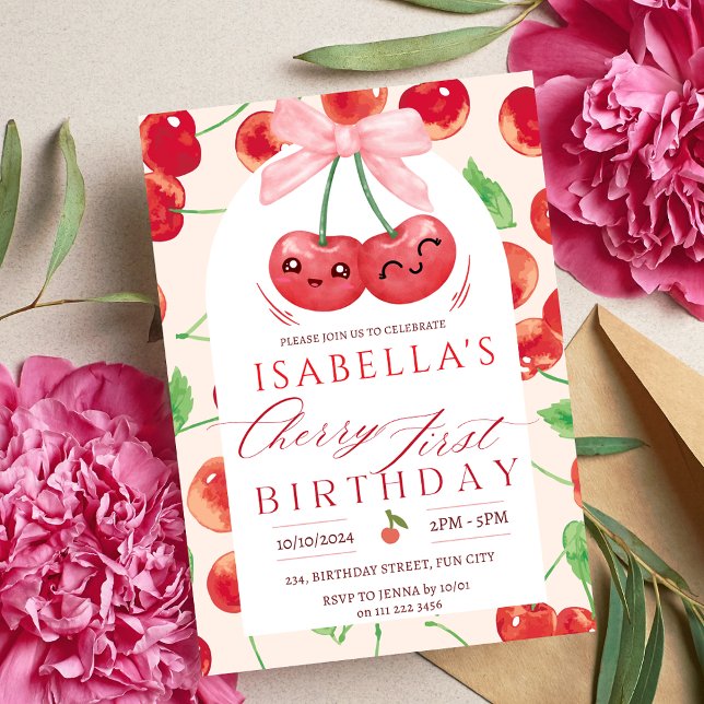 Cherry First Birthday Girl 1st Fruit Bow Birthday Inbjudningar (Cherry First Birthday Girl 1st Fruit Bow Birthday Invitation)