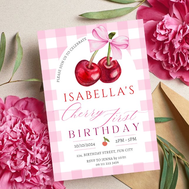 Cherry First Birthday Girl 1st Fruit Bow Birthday Inbjudningar (Cherry First Birthday Girl 1st Fruit Bow Birthday Invitation)