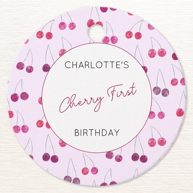 Cherry First Birthday Personlig Cherries Rosa Gåvor Etiketter (Personalized Cherry First birthday party favor tag)