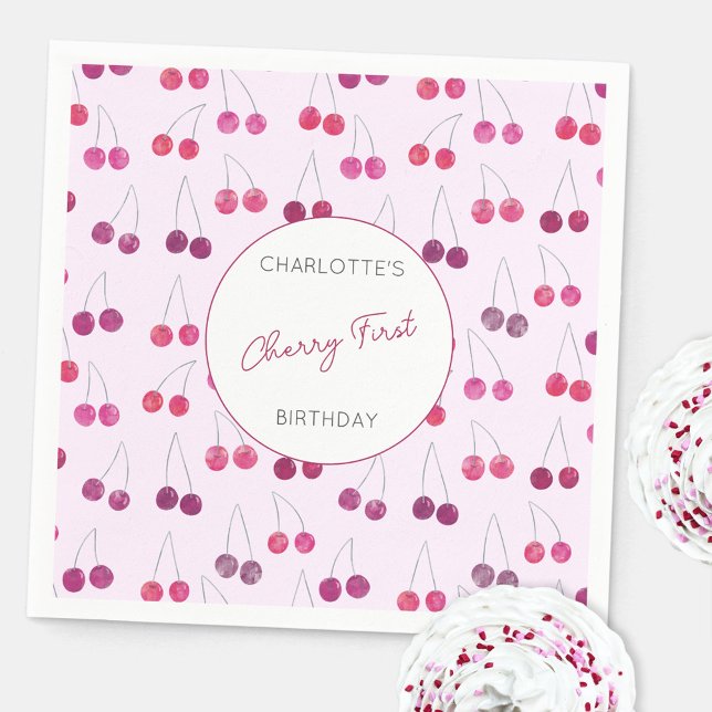 Cherry First Birthday Personlig Watercolor Rosa Pappersservett (Modern Cherry First birthday personalized party paper napkin)