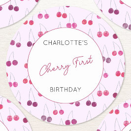 Cherry First Birthday Personlig Watercolor Runt Klistermärke