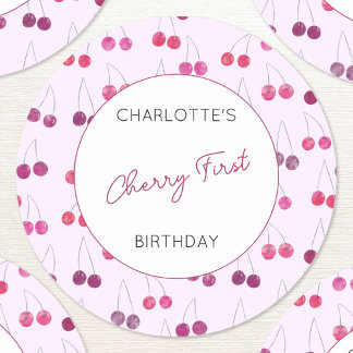 Cherry First Birthday Personlig Watercolor Runt Klistermärke