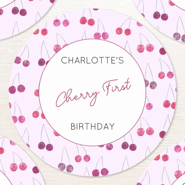 Cherry First Birthday Personlig Watercolor Runt Klistermärke (Cherries Cherry First birthday personalized stickers)