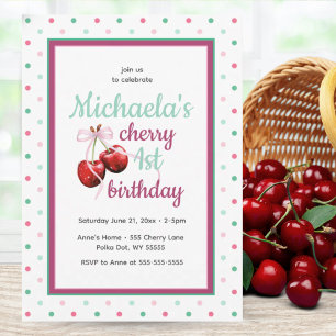 Cherry First Birthday Polka Dot Theme Inbjudningar