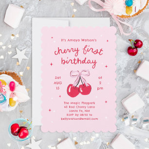Cherry First Birthday Rosa Coquette Bow Inbjudningar