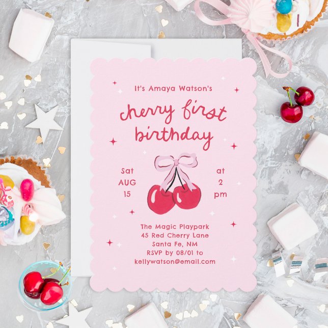 Cherry First Birthday Rosa Coquette Bow Inbjudningar ("Cherry First Birthday" party collection with illustrated cherries tied with a pink bow)
