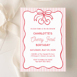 "Cherry First" Birthday Rosa Rand Bow Girly Inbjudningar