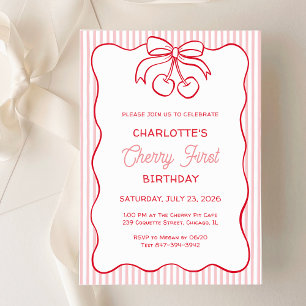 "Cherry First" Birthday Rosa Rand Bow Girly Inbjudningar