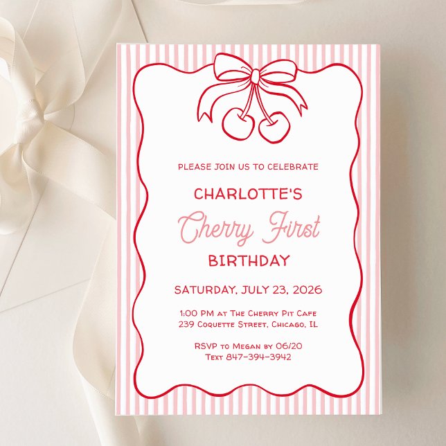 "Cherry First" Birthday Rosa Rand Bow Girly Inbjudningar (Skapare uppladdad)