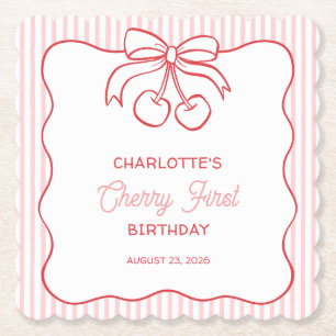 "Cherry First" Birthday Rosa Rand Bow Girly Underlägg Papper
