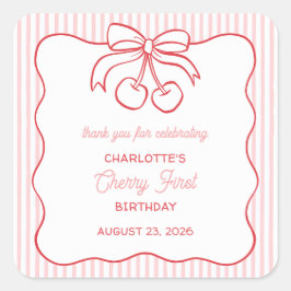 "Cherry First" Birthday Rosa Tack Favor Fyrkantigt Klistermärke