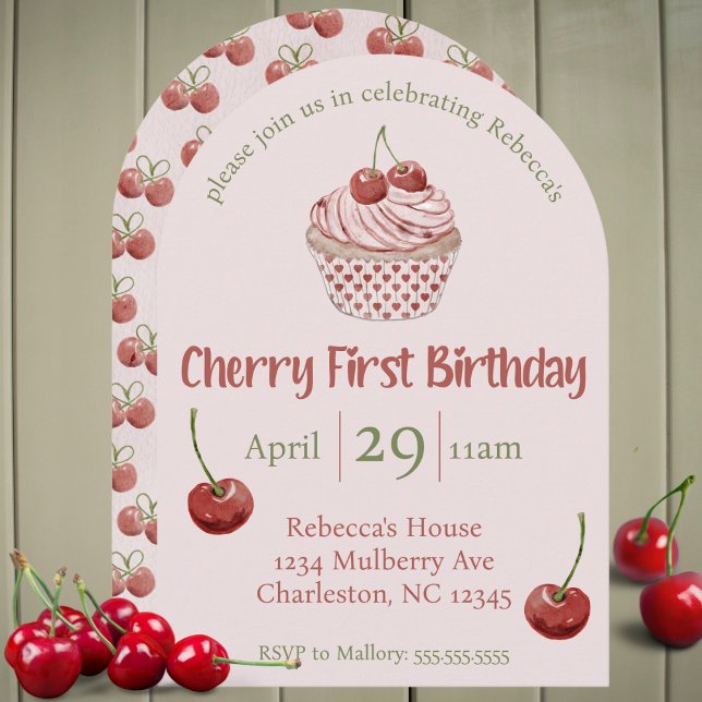 Cherry First Birthday Watercolor Coquette Cuptårta Inbjudningar (Cherry first birthday watercolor cupcake fruit cute 1st bday party invitation pink girls 1 year old)