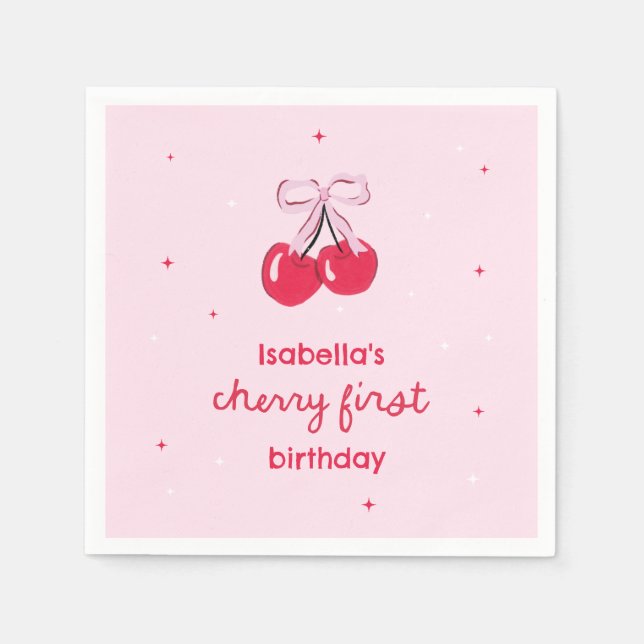 Cherry First Birthday with Pink Preppy Bow Pappersservett (Framsidan)