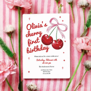 Cherry First Coquette Bow Rosa Girl Birthday Inbjudningar