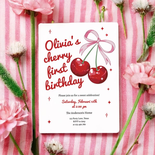 Cherry First Coquette Bow Rosa Girl Birthday Inbjudningar (Skapare uppladdad)