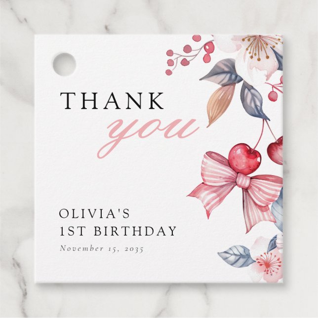 Cherry First Rosa Bow Coquette 1:a födelsedag Gåvor Etiketter (Framsida)