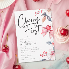 Cherry First Rosa Bow Coquette 1:a födelsedag Inbjudningar