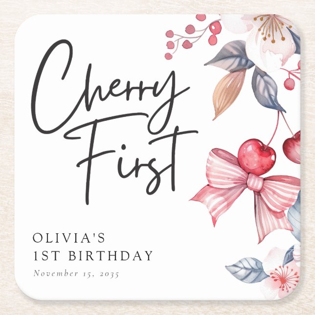 Cherry First Rosa Bow Coquette 1:a födelsedag Underlägg Papper Kvadrat (Framsidan)
