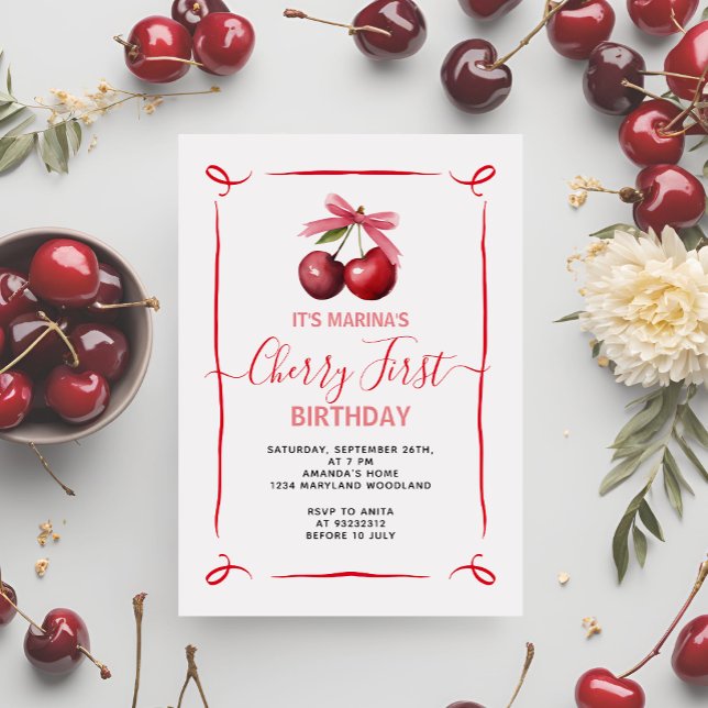 Cherry First Rosa Bow Födelsedagsfest inbjudan (Skapare uppladdad)
