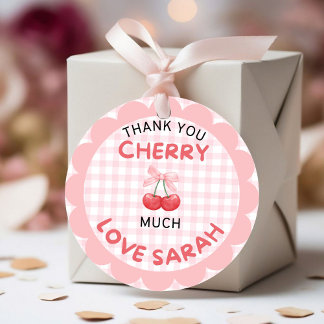 Cherry First Rosa Bow Gingham Sticker Runt Klistermärke