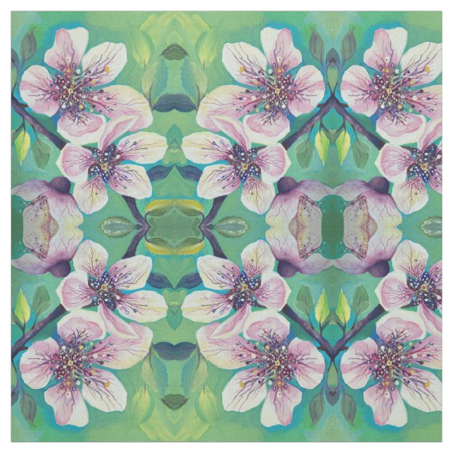 Cherry Flowers Blommar Handmålat vattenfärg Tyg (Provkarta)