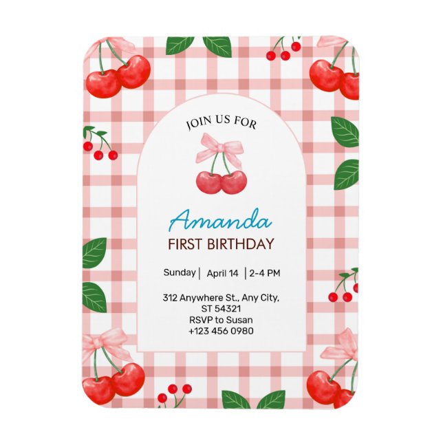 Cherry Fruit First 1:a födelsedagsinbjudan till fl Magnet (Vertikal)