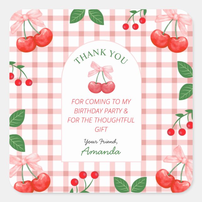 Cherry Fruit First Födelsedagsfest Fyrkantigt Klistermärke (Framsida)