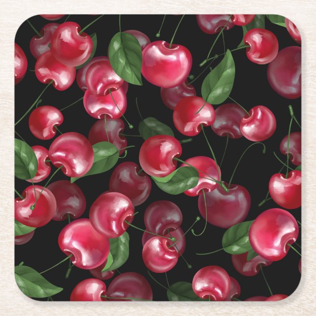 Cherry Fruit on black Underlägg Papper Kvadrat (Framsidan)