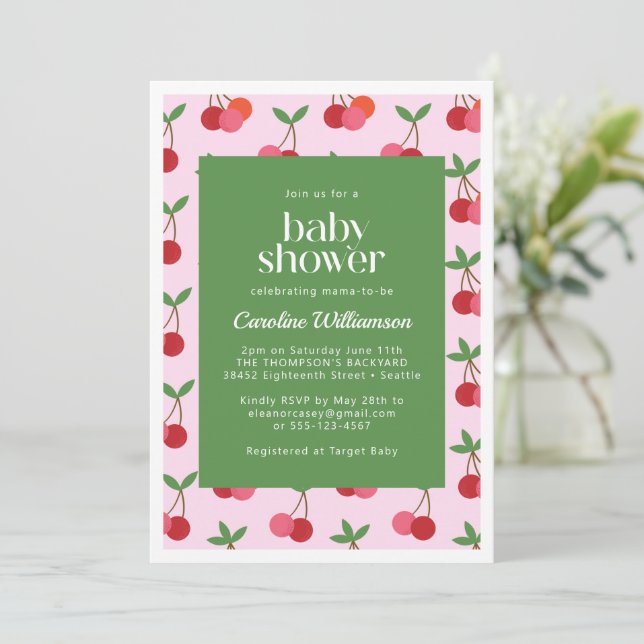 Cherry Fruit Red Rosa Grönt Cute Baby Shower Inbjudningar (Stående Fram)