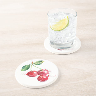 Cherry Frury Cherries Watercolor Kitchen Sandstone Underlägg