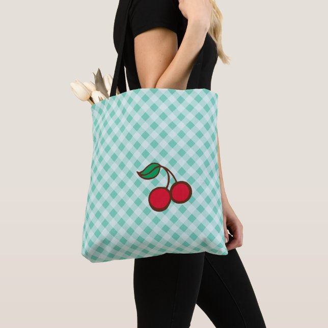 Cherry Gingham Retro Beach Travel Tote Bag Gift Tygkasse (Närbild)