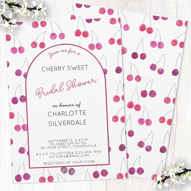Cherry Inbjudningskort för möhippan (Watercolor cherries pattern personalized custom name text bridal shower invitation)