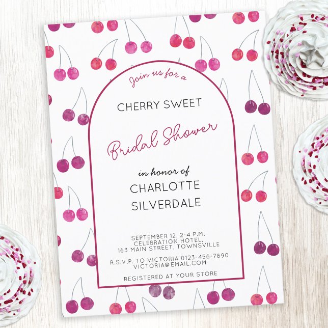 Cherry Inbjudningskort för möhippan (Watercolor cherries pattern personalized custom name text bridal shower invitation postcard)