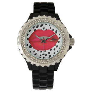 Cherry läppar leopard rhinestone-handklocka armbandsur