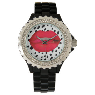Cherry läppar leopard rhinestone-handklocka armbandsur