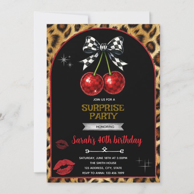 Cherry Leopard party Invitation Inbjudningar (Framsida)