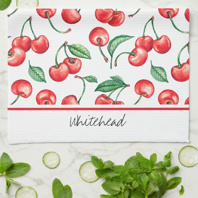 Cherry Monogram Watercolor Kökshandduk (Vikta)