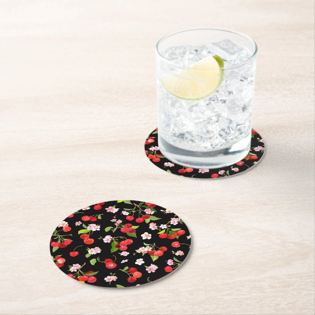 Cherry Mönster 2 Underlägg Papper Rund (Insitu)