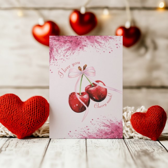 Cherry Mycket Kärlek Rosa Watercolor Valentine Car Julkort (Skapare uppladdad)