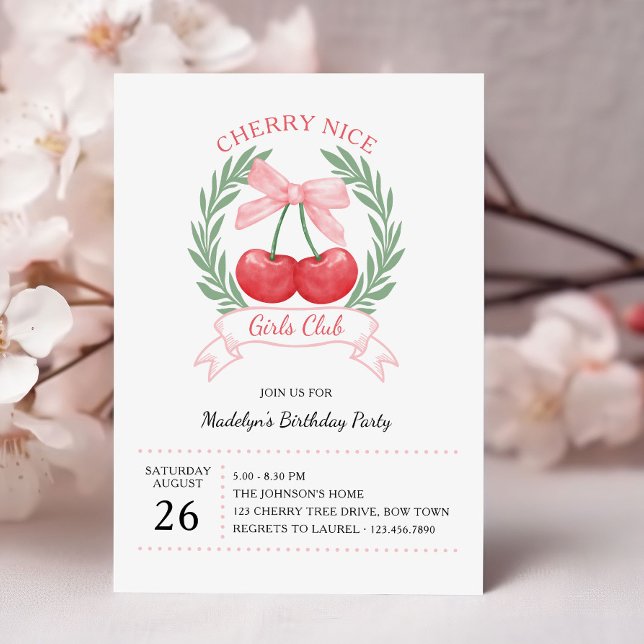 Cherry Nice Girls Klubb Rosa Bow Birthday Inbjudningar (Cherry Nice Girls birthday party invitation with cherries and pink bow by Darling & May)