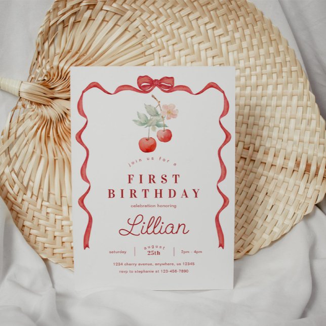 Cherry och Red Ribbon Frame Birthday Inbjudningar (Skapare uppladdad)