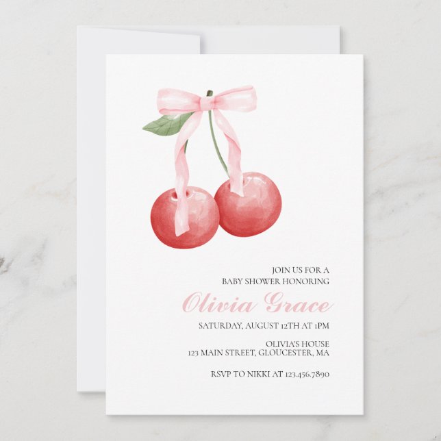 Cherry och rosa gingham preppy baby shower inbjudningar (Framsida)