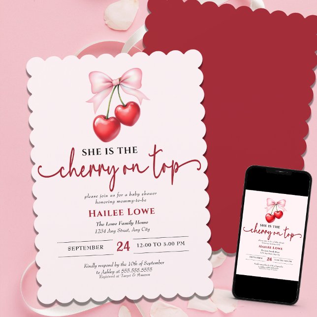 Cherry on Top Anpassningsbar Coquette Rosa Bow Bab Inbjudningar (Skapare uppladdad)