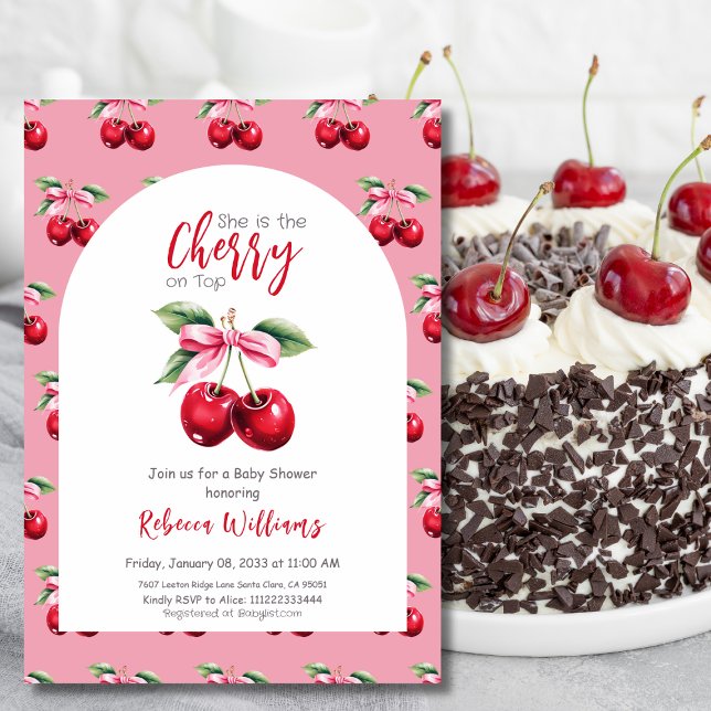 Cherry on Top Arch Rosa Bow Girl Baby Shower Inbjudningar (Skapare uppladdad)