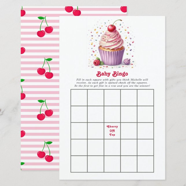 Cherry On Top Baby Shower Bingo Spel (Fram/baksida)
