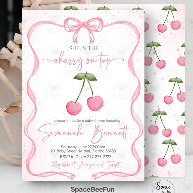 Cherry on top Baby Shower Bow Inbjudningar (Cherry Baby Shower Invitation, Bow Baby Shower Invite, Baby Girl Shower Invitation, Digital Baby Sho)