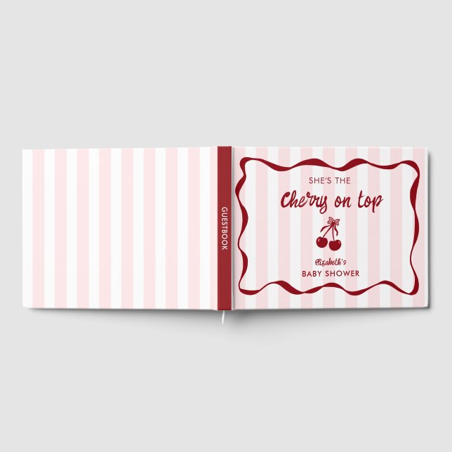 Cherry on Top Baby Shower Custom Pink Stripes Cute Gästböcker (Full)